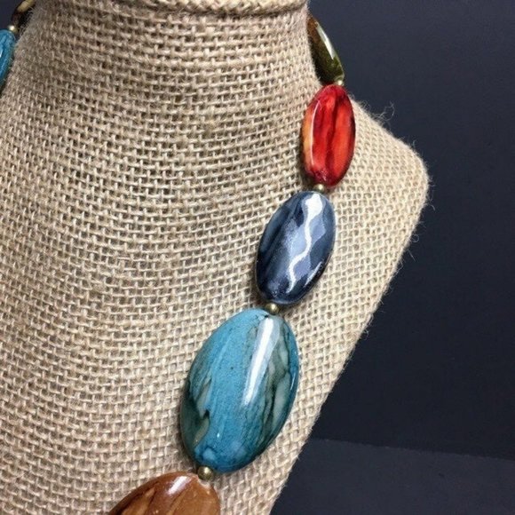 Multicolor Necklace Chunky  As Is Oval Retro Marbled Faceted Boho - Picture 3 of 8